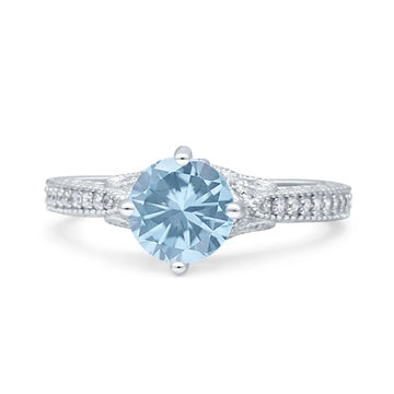 Art Deco Wedding Bridal Ring Round Simulated Aquamarine CZ 925 Sterling Silver